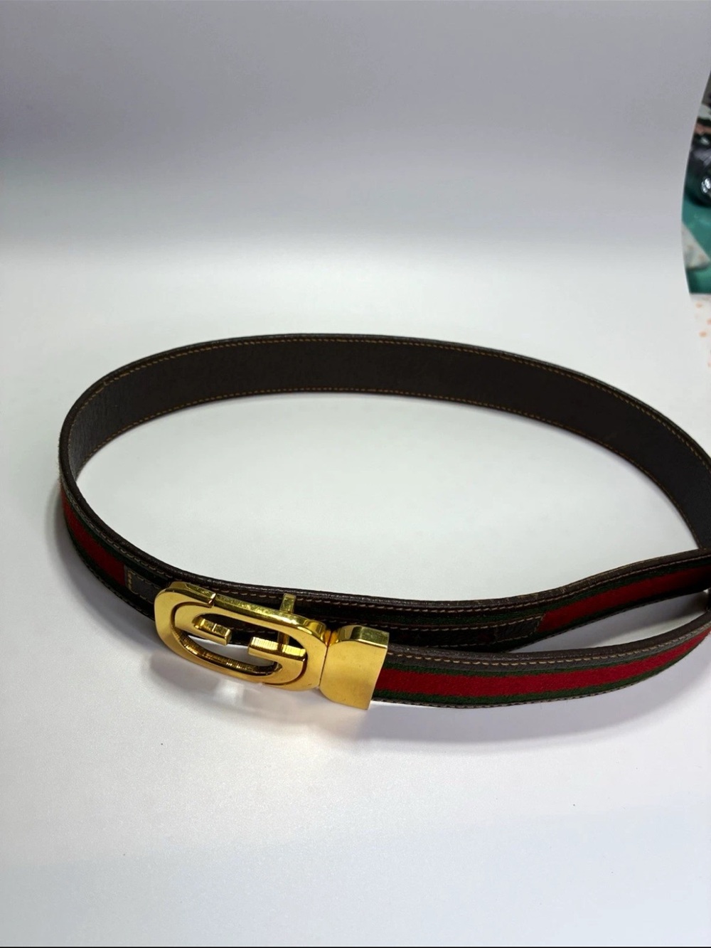 Gucci Brown Leather Belt with Green and Red Stripe and Gold Buckle